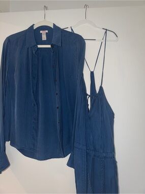 Eres Navy Pleated Button-Front Shirt & Strappy jumpsuit Set